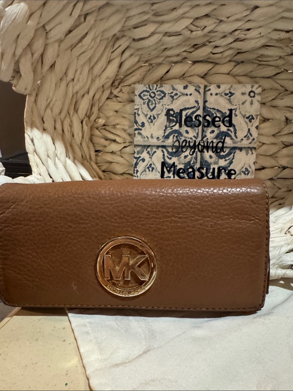 Michael Kors Tan Leather Continental Wallet with Gold MK Emblem